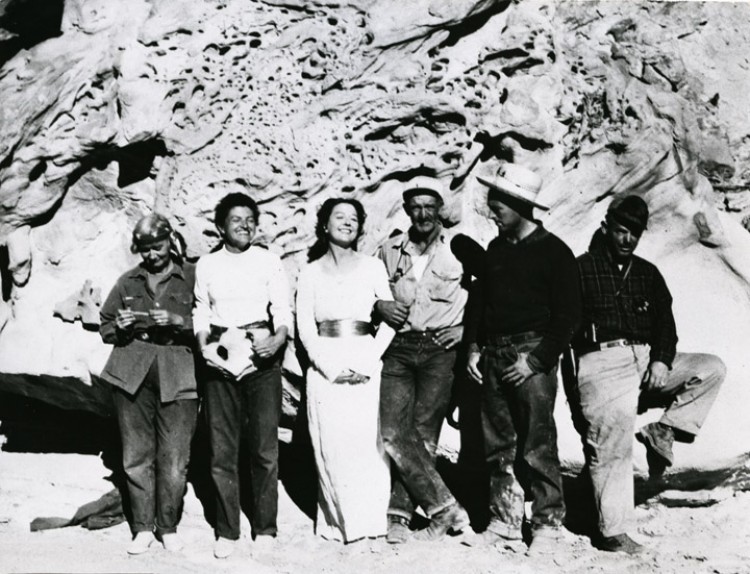 Dorothea Tanning with film crew on the Colorado River, Arizona, for a scene in Hans Richter’s film 8 x 8: A Chess Sonata in 8 Movements